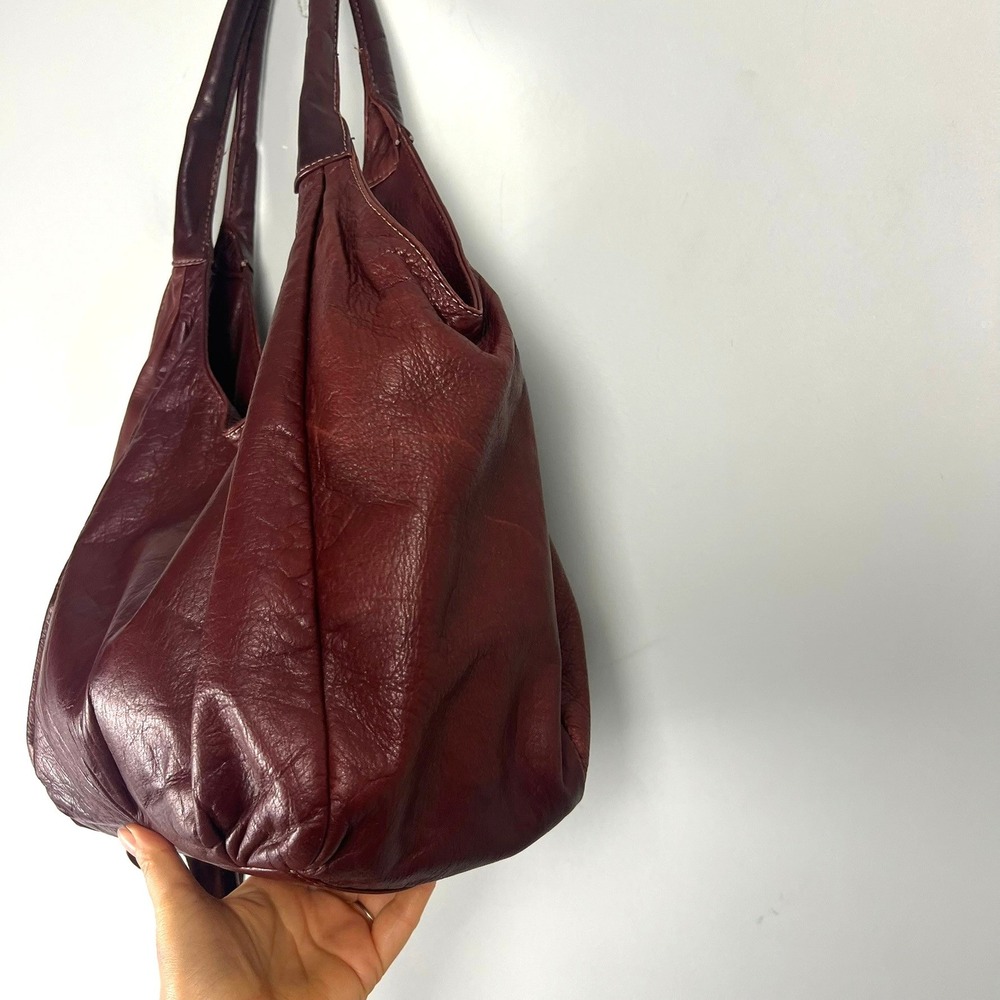 Brown Leather Hobo Shoulder Bag Pleated Slouchy Tote Boho Y2k Academia Retro - Picture 2 of 14